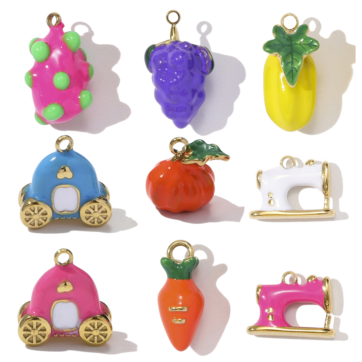 6pcs/pack Stainless Steel Enamel Sewing Machine Necklace Pendant Pumpkin Carriage DIY Charm Women 3D Pitaya Fruit Jewelry