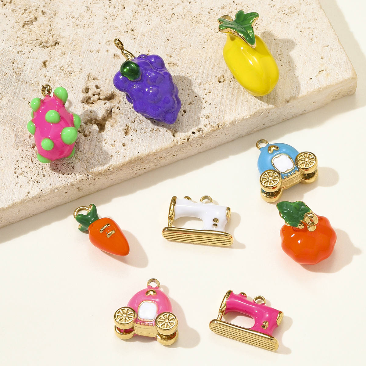 6pcs/pack Stainless Steel Enamel Sewing Machine Necklace Pendant Pumpkin Carriage DIY Charm Women 3D Pitaya Fruit Jewelry