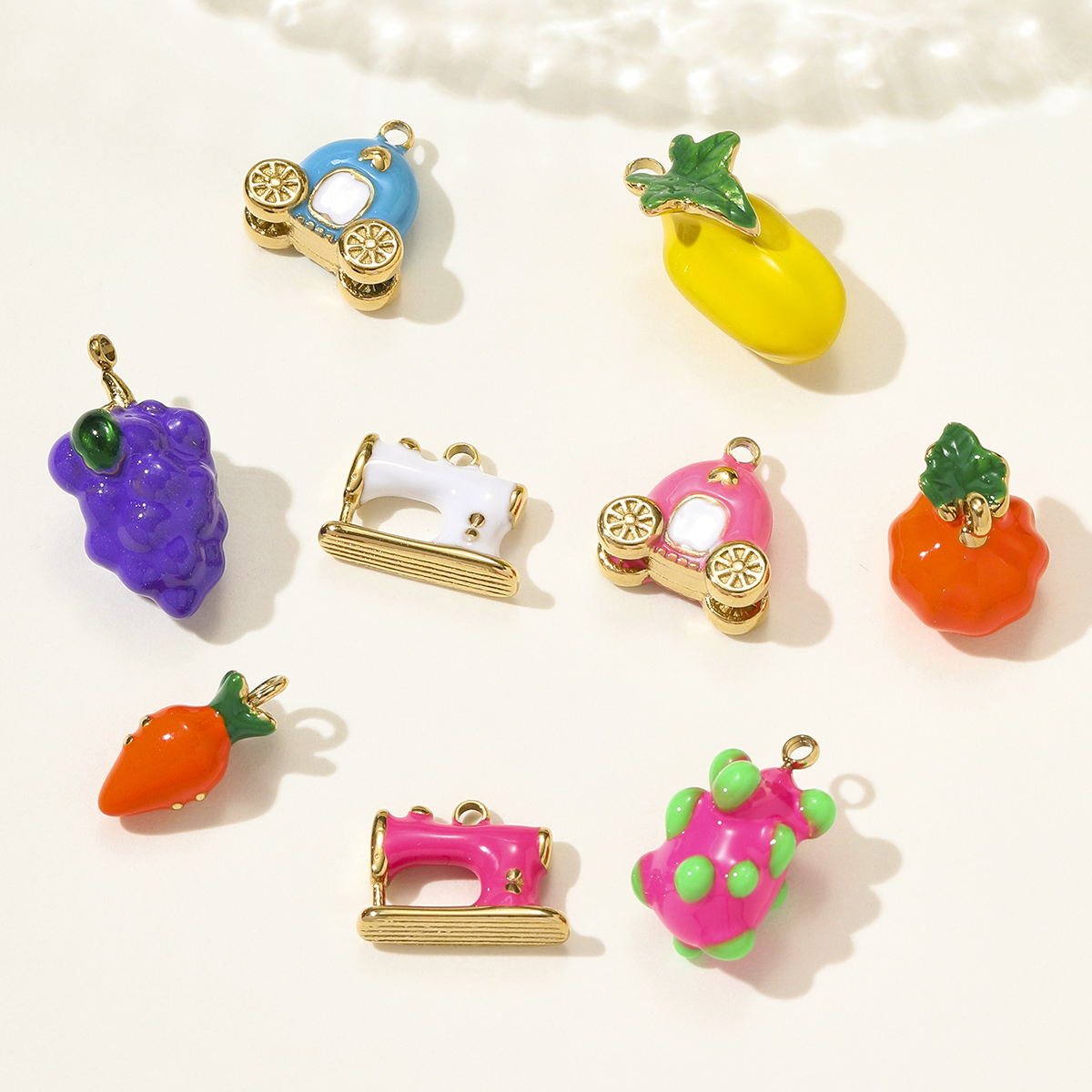 6pcs/pack Stainless Steel Enamel Sewing Machine Necklace Pendant Pumpkin Carriage DIY Charm Women 3D Pitaya Fruit Jewelry