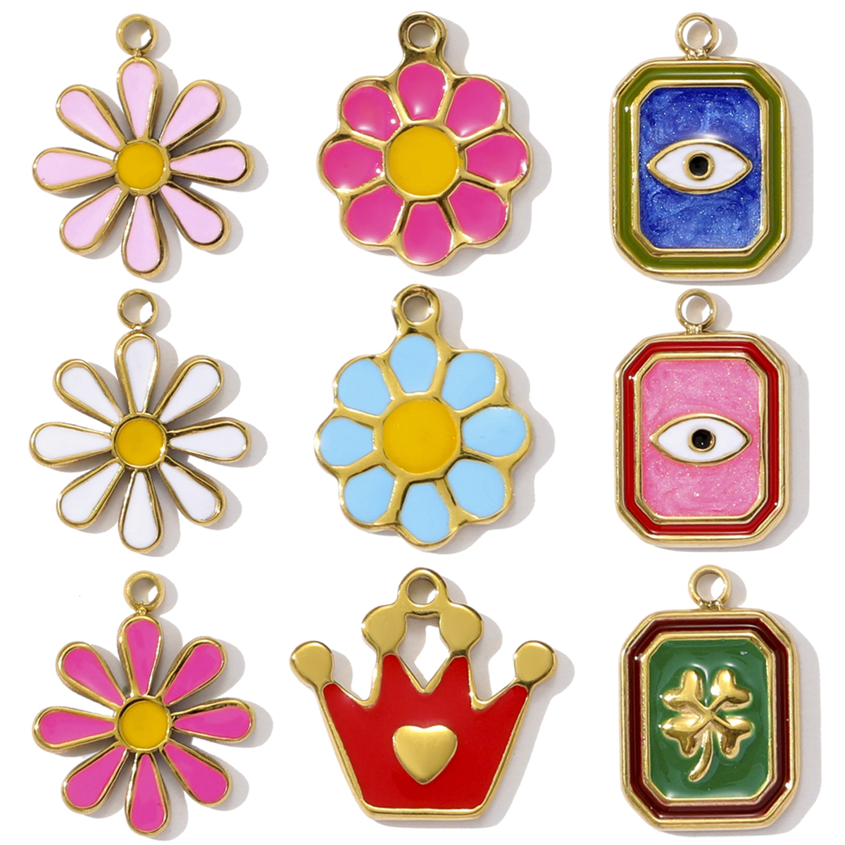 6pcs/pack Fashion Stainless Steel Enamel Sunflower Daisy Necklace Pendant Evil Eye Clower DIY Charm Women Rose Crown Jewelry