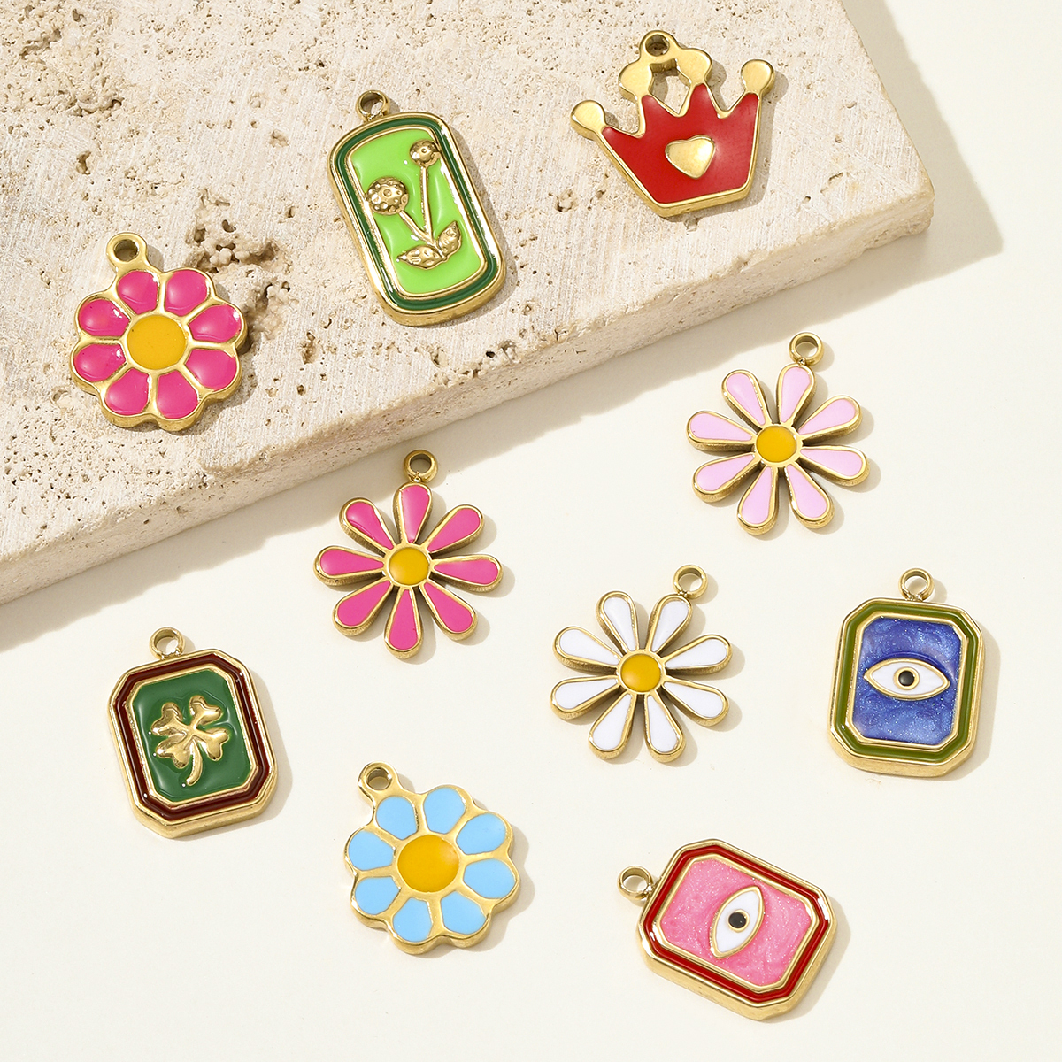 6pcs/pack Fashion Stainless Steel Enamel Sunflower Daisy Necklace Pendant Evil Eye Clower DIY Charm Women Rose Crown Jewelry
