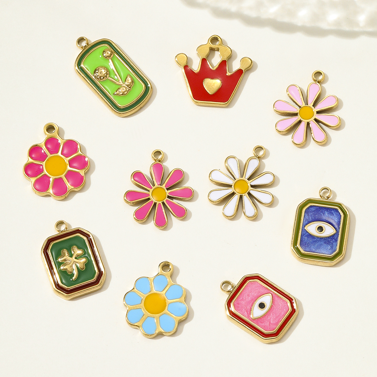 6pcs/pack Fashion Stainless Steel Enamel Sunflower Daisy Necklace Pendant Evil Eye Clower DIY Charm Women Rose Crown Jewelry