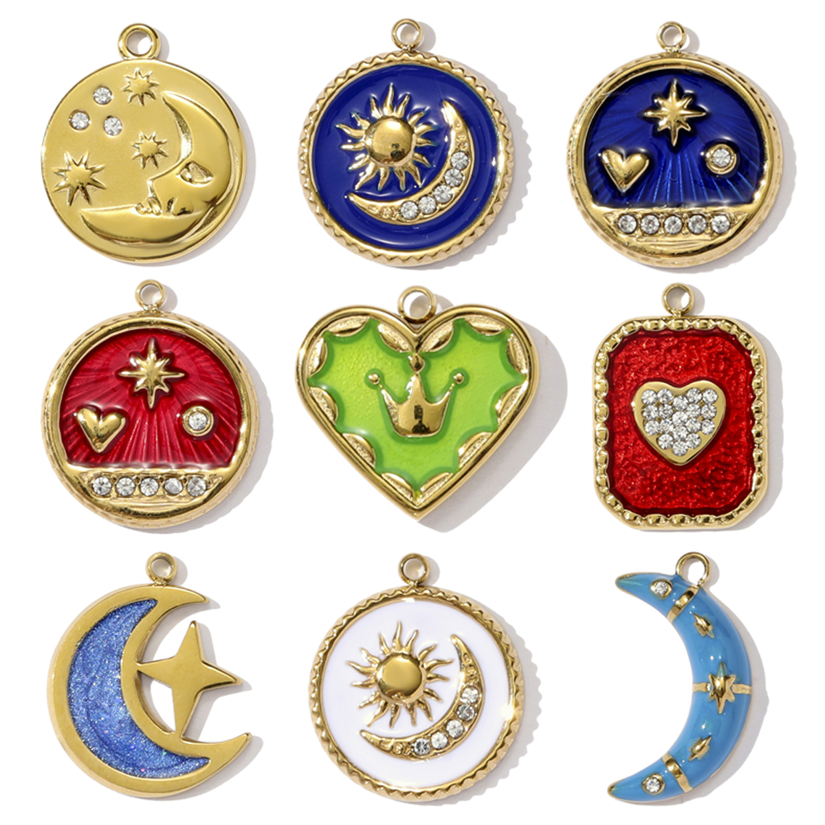 6pcs/pack French Stainless Steel Crescent Moon Star Necklace Pendant Enamel Love Heart Star DIY Charm Women Crown Jewelry