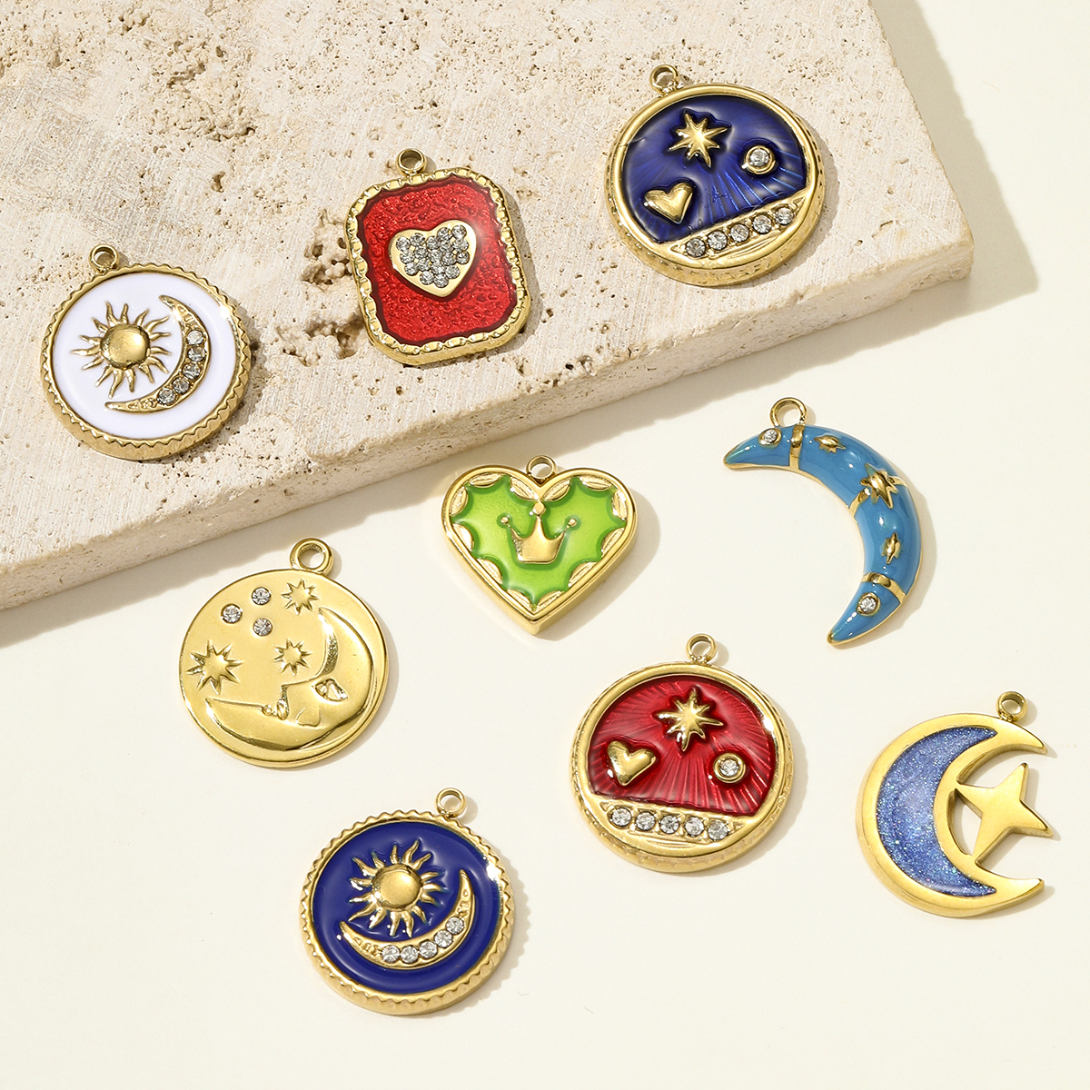 6pcs/pack French Stainless Steel Crescent Moon Star Necklace Pendant Enamel Love Heart Star DIY Charm Women Crown Jewelry