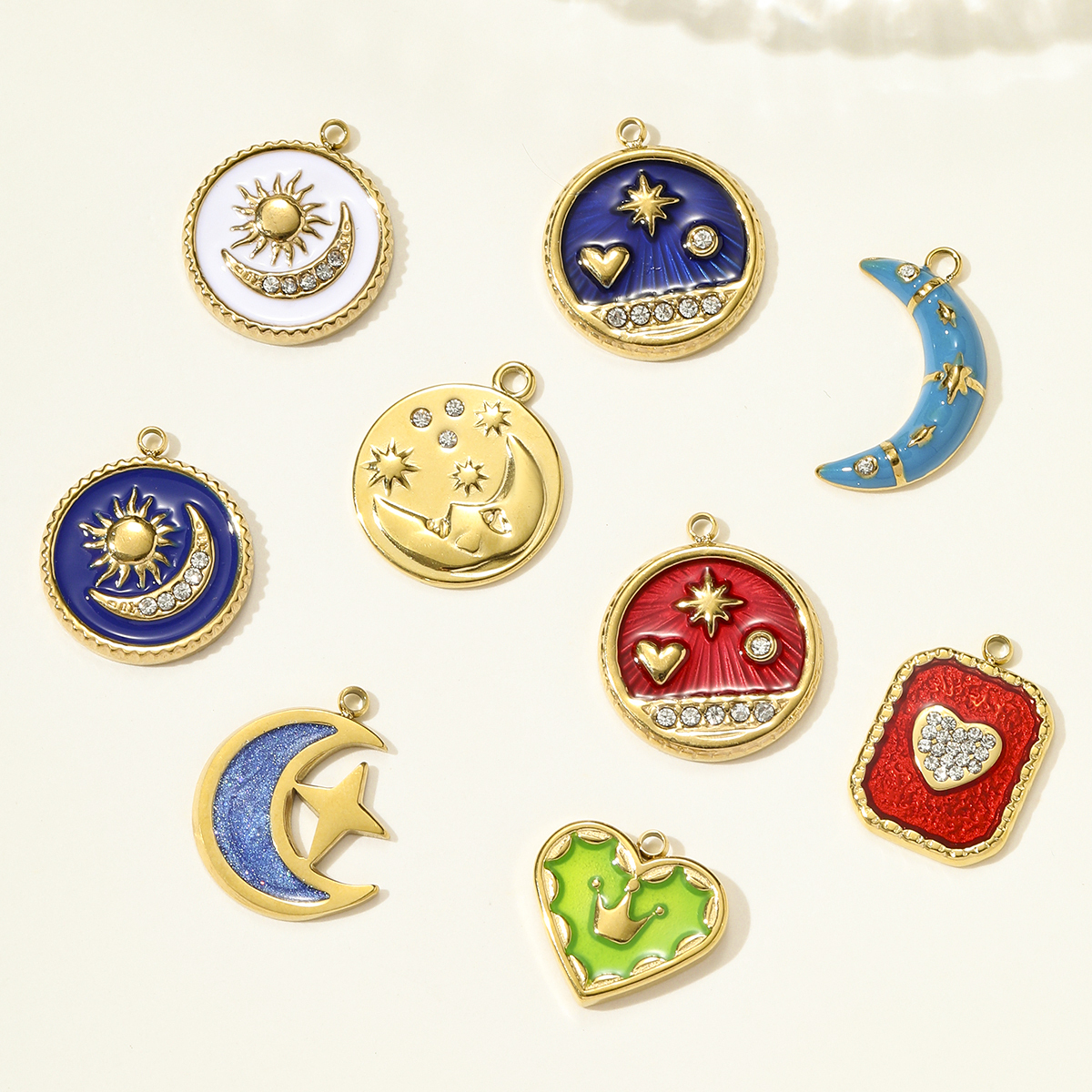 6pcs/pack French Stainless Steel Crescent Moon Star Necklace Pendant Enamel Love Heart Star DIY Charm Women Crown Jewelry