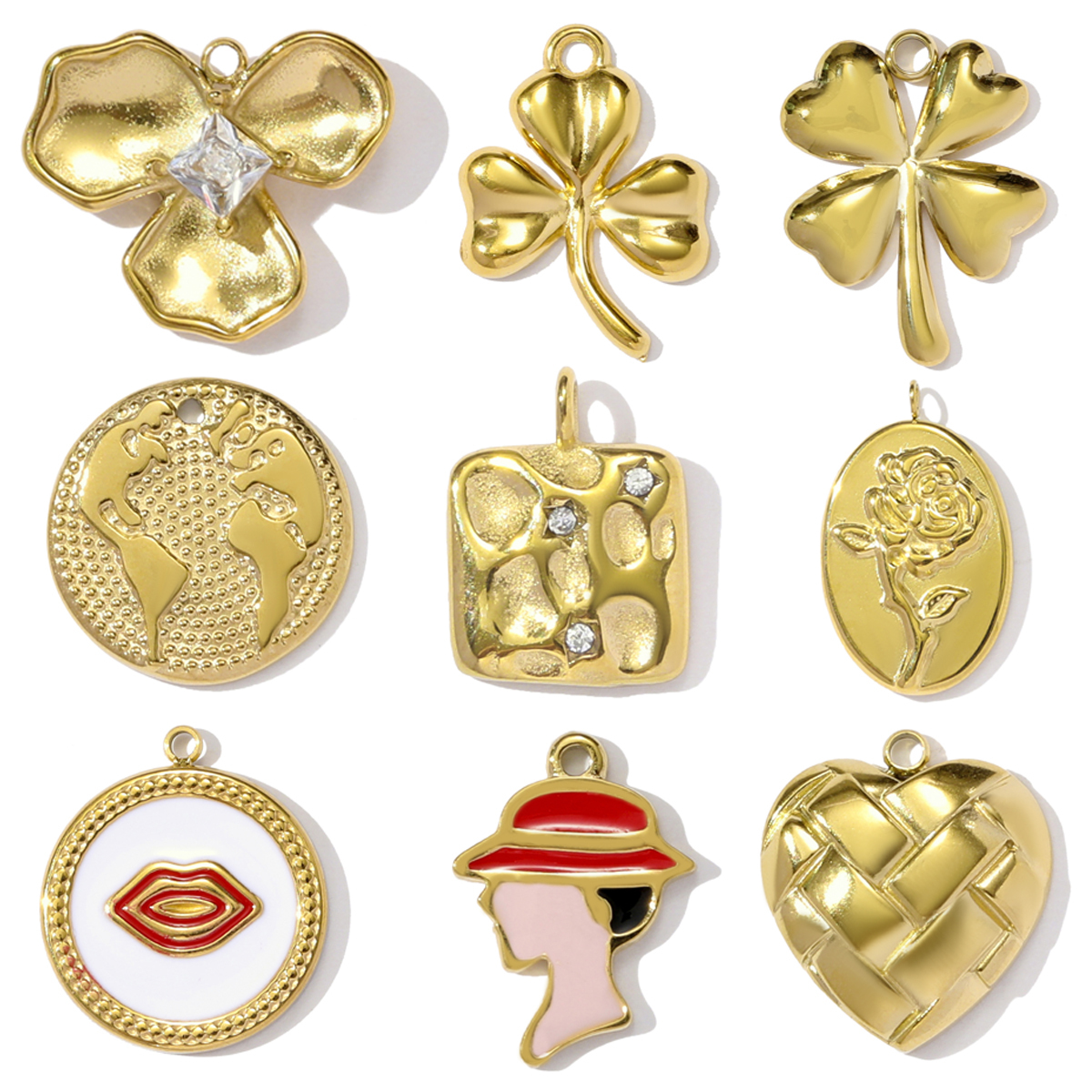 6pcs/pack Fashion Stainless Steel World Map Lady Necklace Pendant Rhinestone Flower Lip DIY Charm Women Clover Rose Jewelry