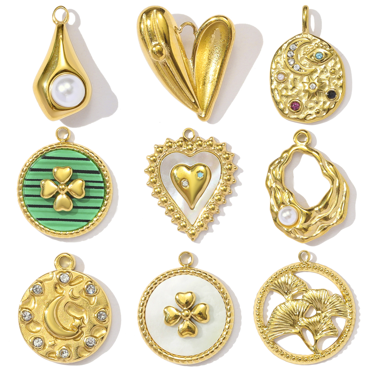 6pcs/pack French Stainless Steel Rhinestone Crescent Heart Necklace Pendant Malachite Clover DIY Charm Women Pearl Leaf Jewelry