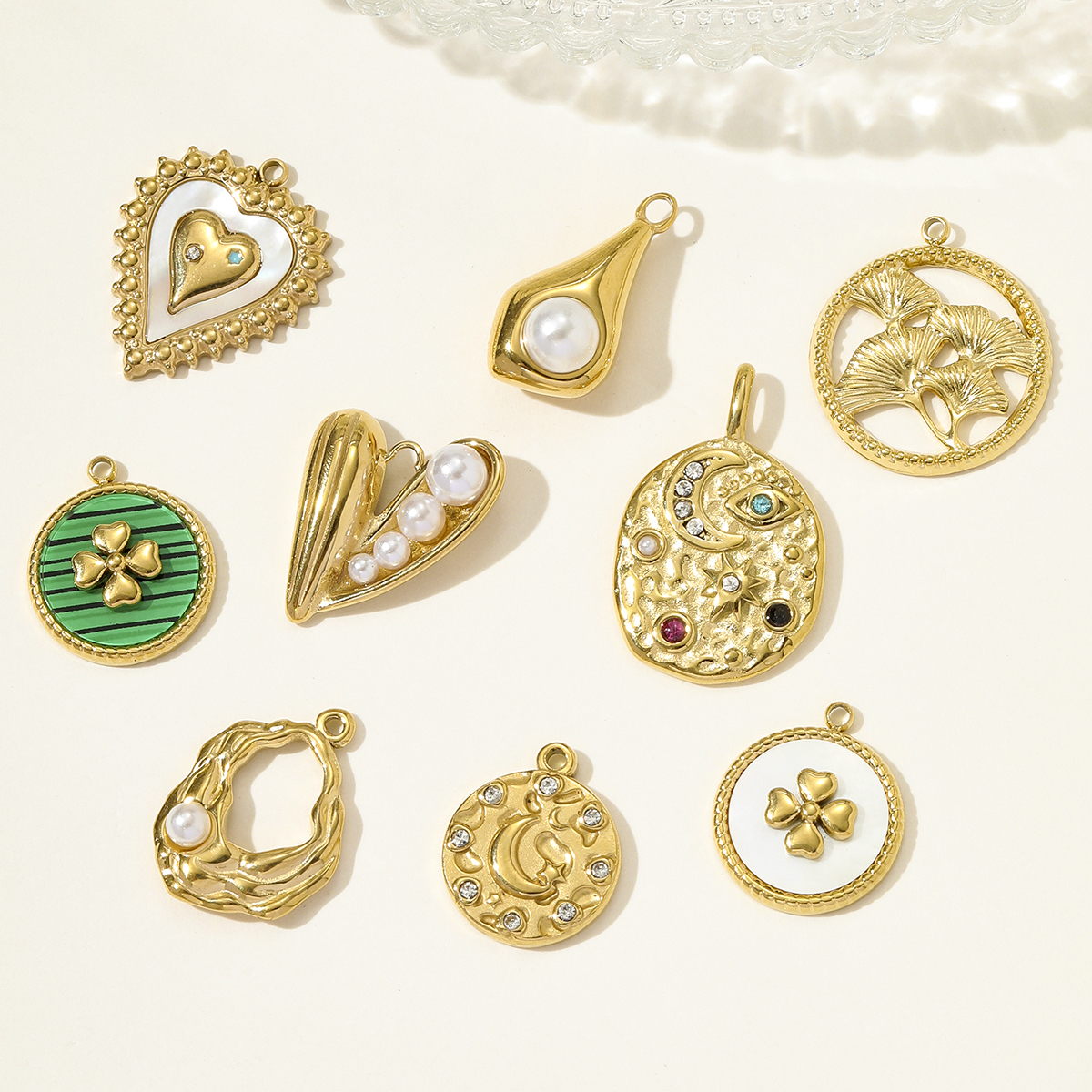 6pcs/pack French Stainless Steel Rhinestone Crescent Heart Necklace Pendant Malachite Clover DIY Charm Women Pearl Leaf Jewelry