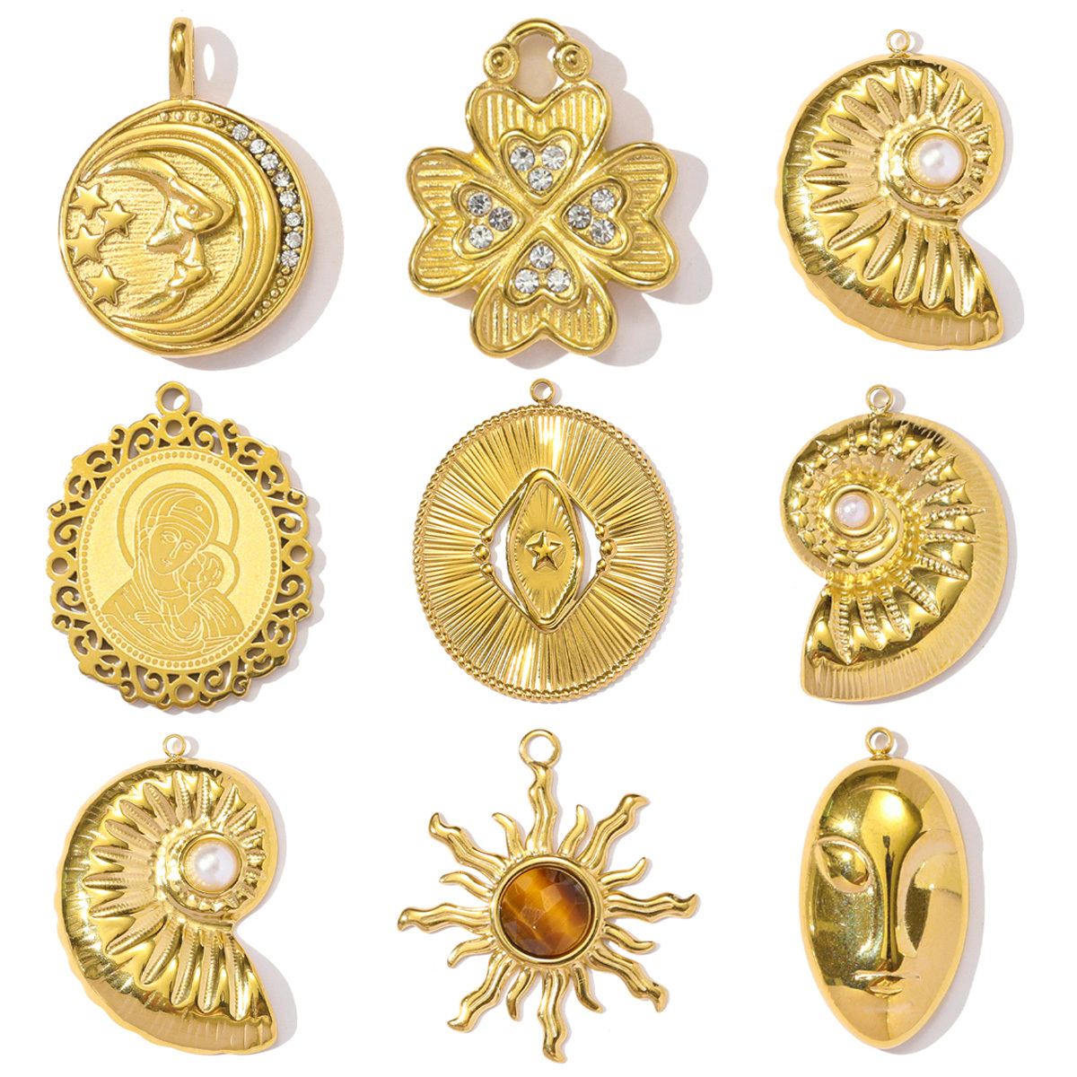 6pcs/pack Stainless Steel Holy Mother Abstract Mask Necklace Pendant Rhinestone Clover DIY Charm Women Conch Sun Moon Jewelry