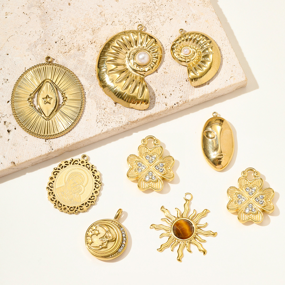 6pcs/pack Stainless Steel Holy Mother Abstract Mask Necklace Pendant Rhinestone Clover DIY Charm Women Conch Sun Moon Jewelry