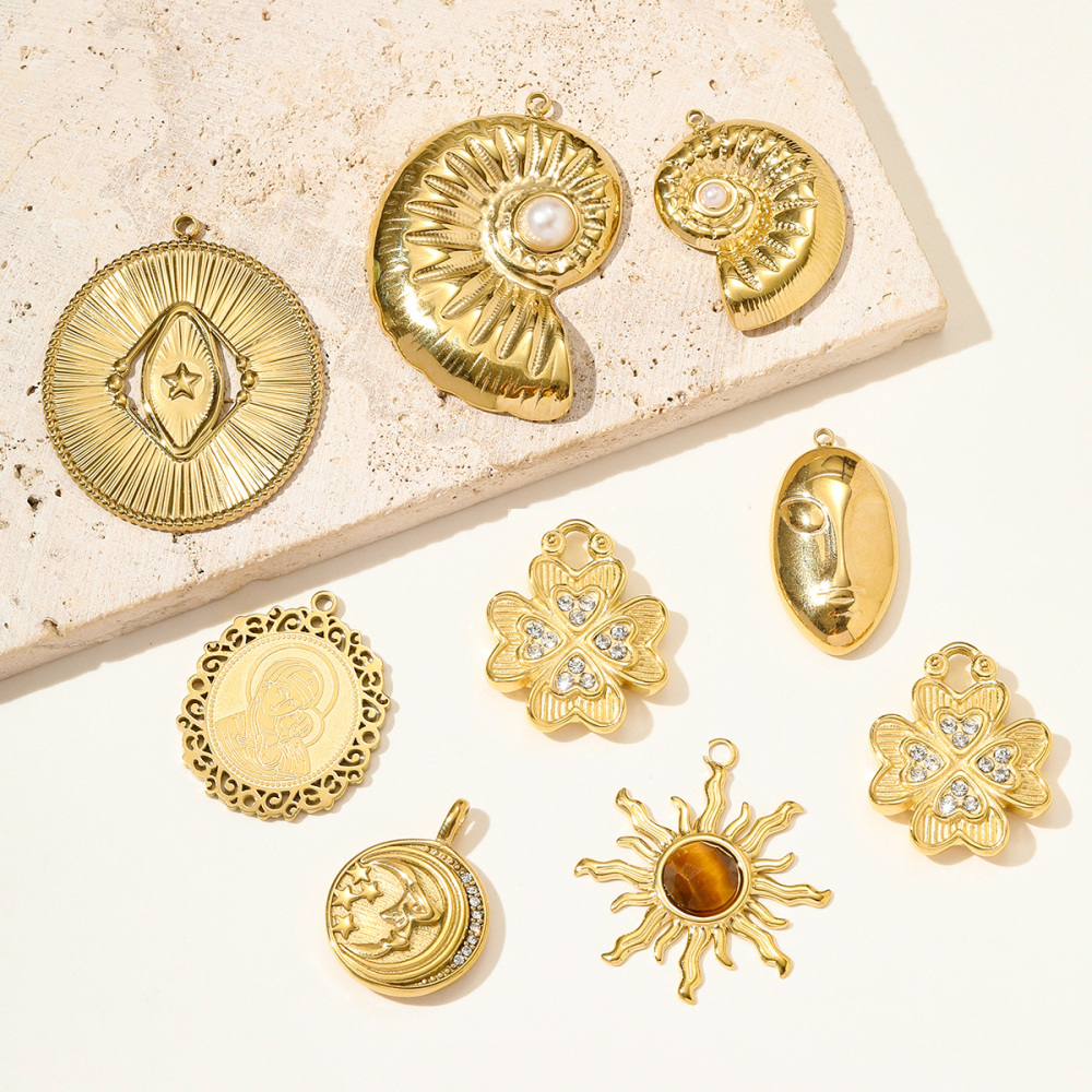 6pcs/pack Stainless Steel Holy Mother Abstract Mask Necklace Pendant Rhinestone Clover DIY Charm Women Conch Sun Moon Jewelry