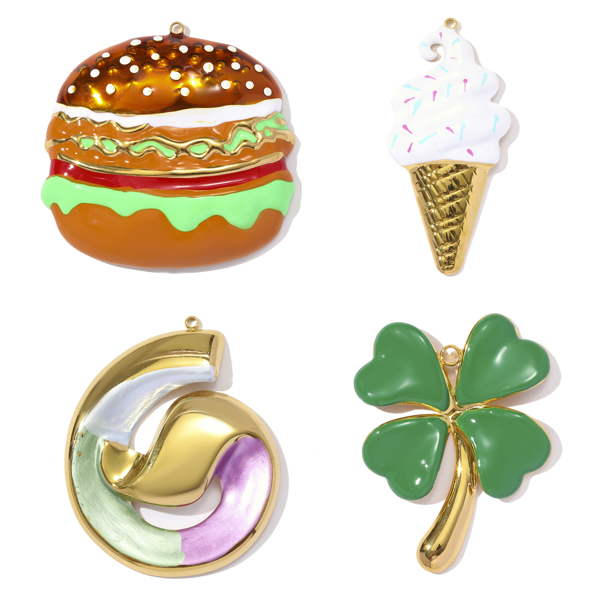 6pcs/pack Big Size Stainless Steel Clover Hamburger DIY Earring Charms Ice Cream Cone Necklace Pendant Women Rainbow Jewelry