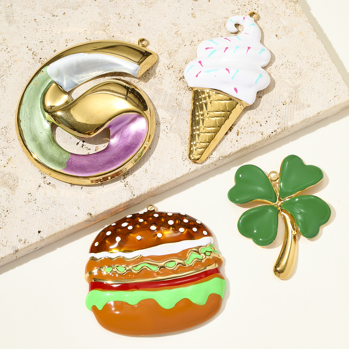 6pcs/pack Big Size Stainless Steel Clover Hamburger DIY Earring Charms Ice Cream Cone Necklace Pendant Women Rainbow Jewelry