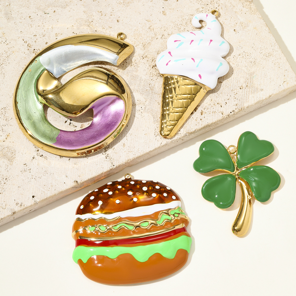 6pcs/pack Big Size Stainless Steel Clover Hamburger DIY Earring Charms Ice Cream Cone Necklace Pendant Women Rainbow Jewelry
