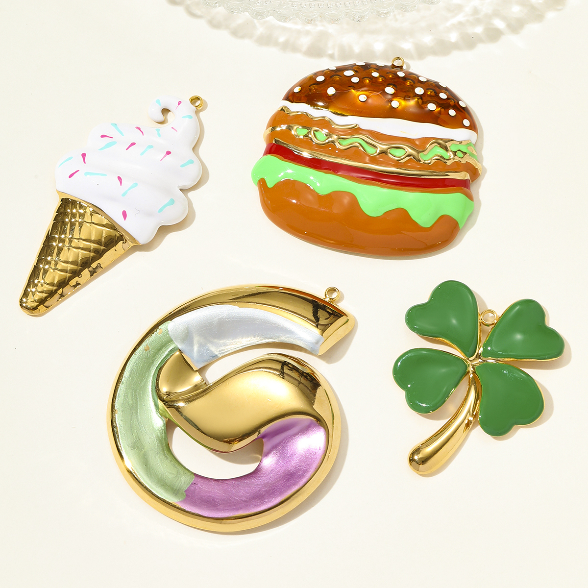 6pcs/pack Big Size Stainless Steel Clover Hamburger DIY Earring Charms Ice Cream Cone Necklace Pendant Women Rainbow Jewelry