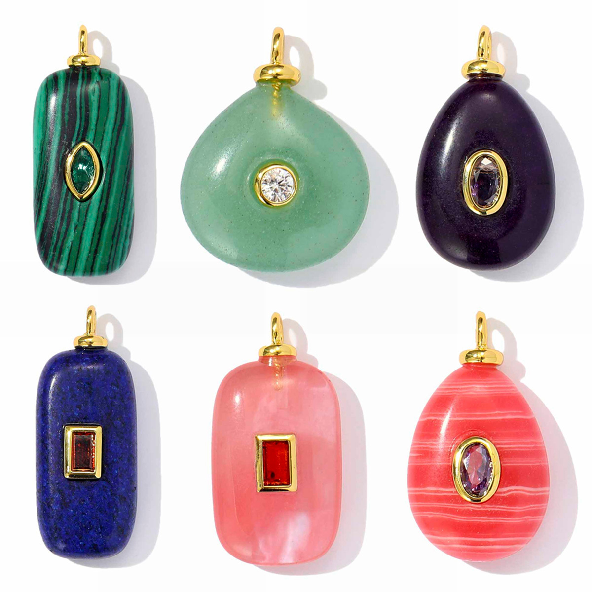 6pcs/pack Retro Copper Zircon Natural Stone Geometric Necklace Pendant Malachite DIY Earring Charm Women Waterdroop Jewelry