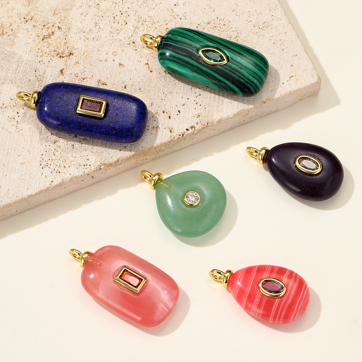 6pcs/pack Retro Copper Zircon Natural Stone Geometric Necklace Pendant Malachite DIY Earring Charm Women Waterdroop Jewelry