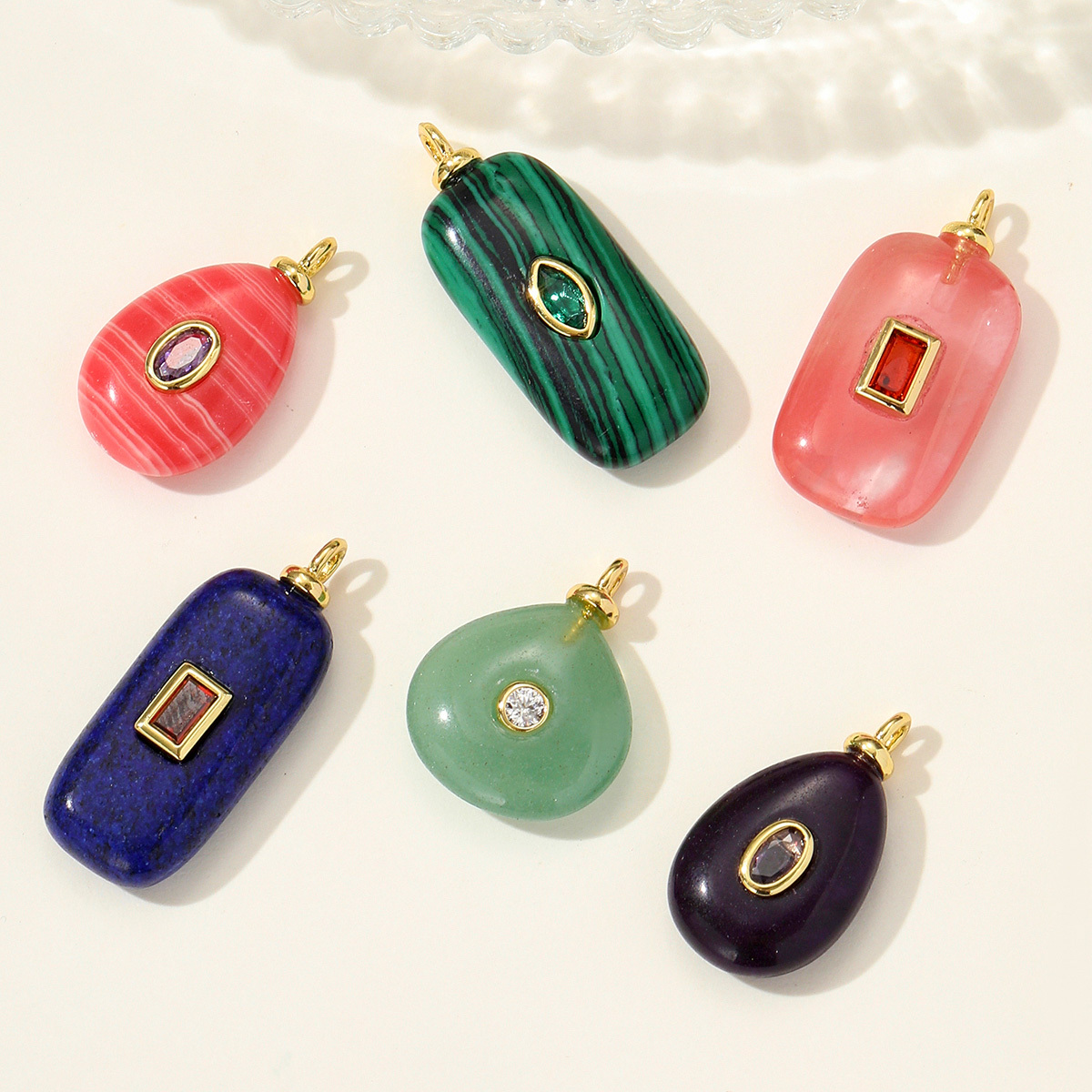 6pcs/pack Retro Copper Zircon Natural Stone Geometric Necklace Pendant Malachite DIY Earring Charm Women Waterdroop Jewelry