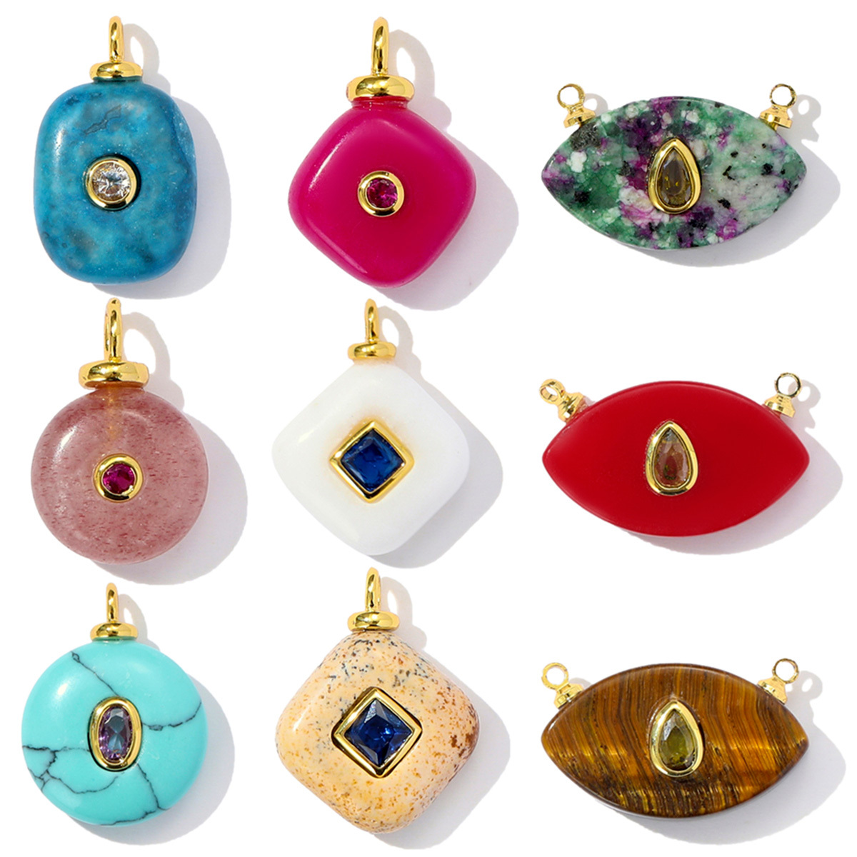6pcs/pack Retro Copper Zircon Natural Tiger Eye Stone Necklace Pendant Malachite Round DIY Earring Charm Women Square Jewelry