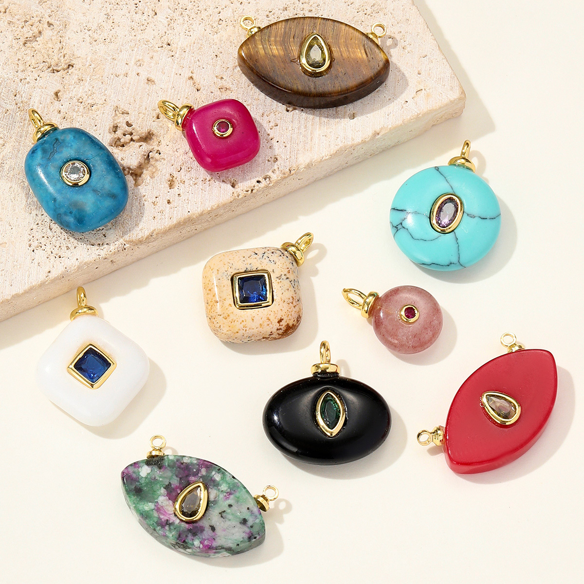 6pcs/pack Retro Copper Zircon Natural Tiger Eye Stone Necklace Pendant Malachite Round DIY Earring Charm Women Square Jewelry