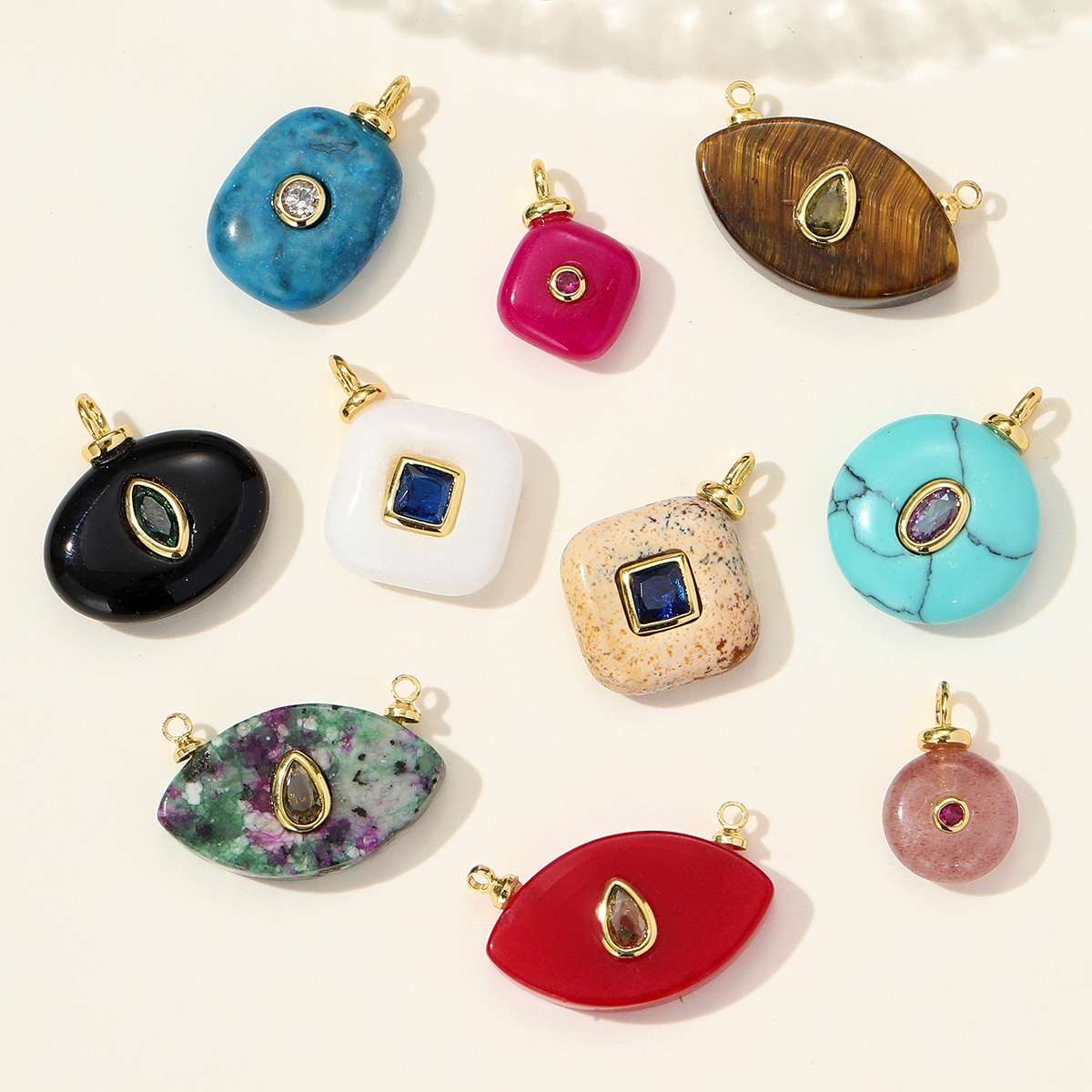6pcs/pack Retro Copper Zircon Natural Tiger Eye Stone Necklace Pendant Malachite Round DIY Earring Charm Women Square Jewelry