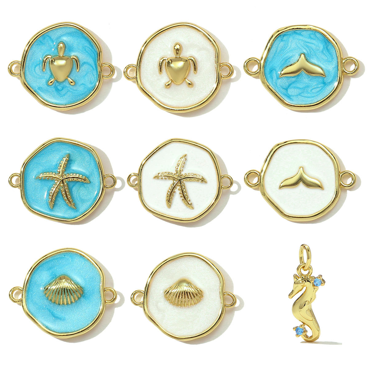 6pcs/pack Fashion Copper Zodiac Seahorse Shell Necklace Pendant Mermaid Tail DIY Bracelet Connectors Women Turtle Jewelry