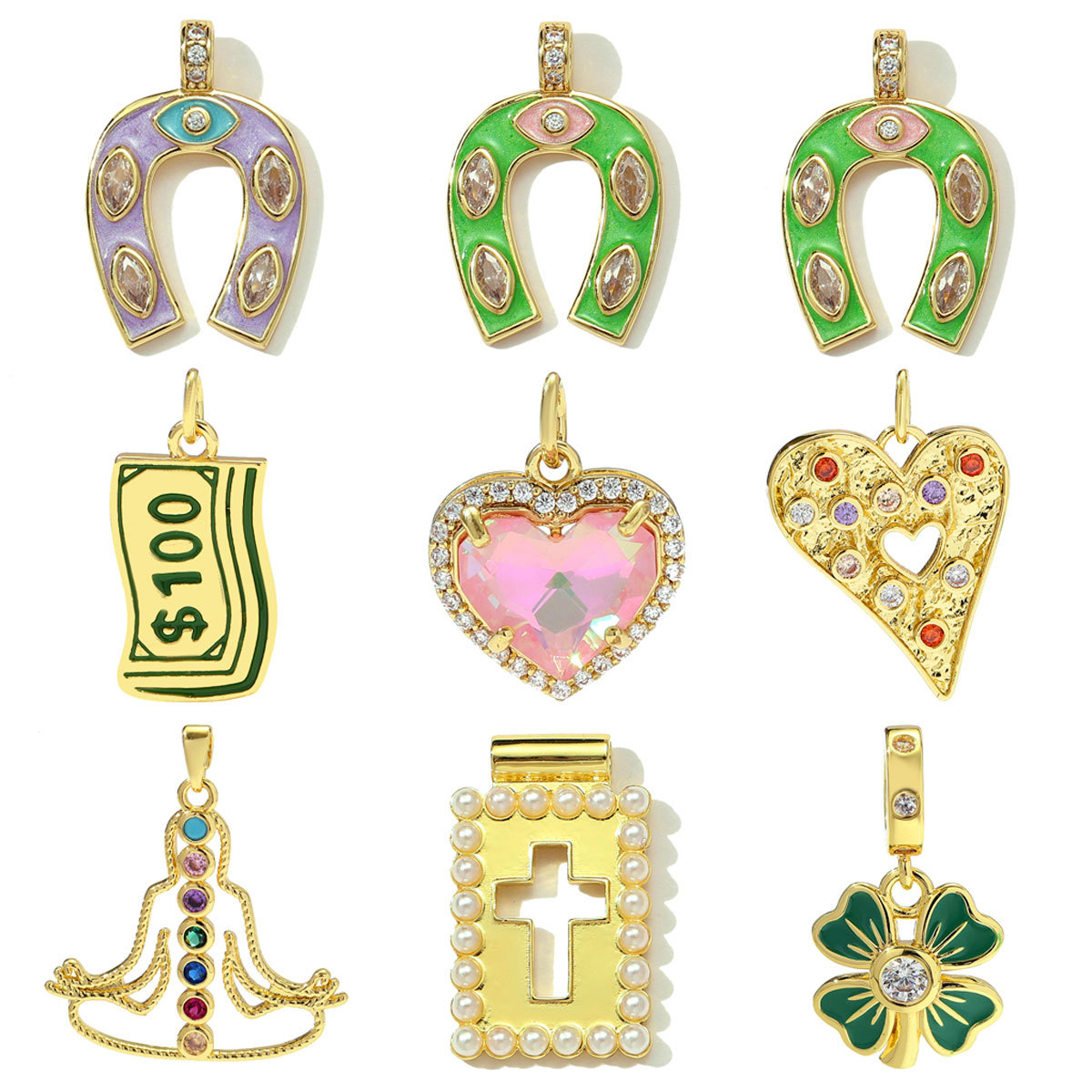 6pcs/pack Copper Micro Zodiac Horse Shoe Heart Necklace Pendant $100 Cross Clover DIY Bracelet Charms Women Yoga Jewelry