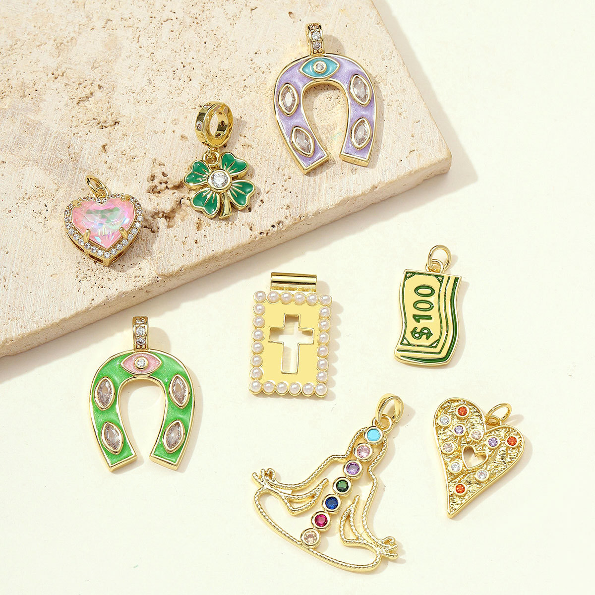 6pcs/pack Copper Micro Zodiac Horse Shoe Heart Necklace Pendant $100 Cross Clover DIY Bracelet Charms Women Yoga Jewelry