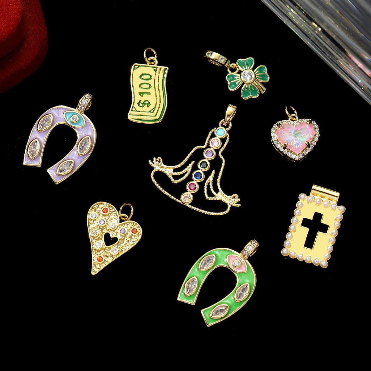 6pcs/pack Copper Micro Zodiac Horse Shoe Heart Necklace Pendant $100 Cross Clover DIY Bracelet Charms Women Yoga Jewelry