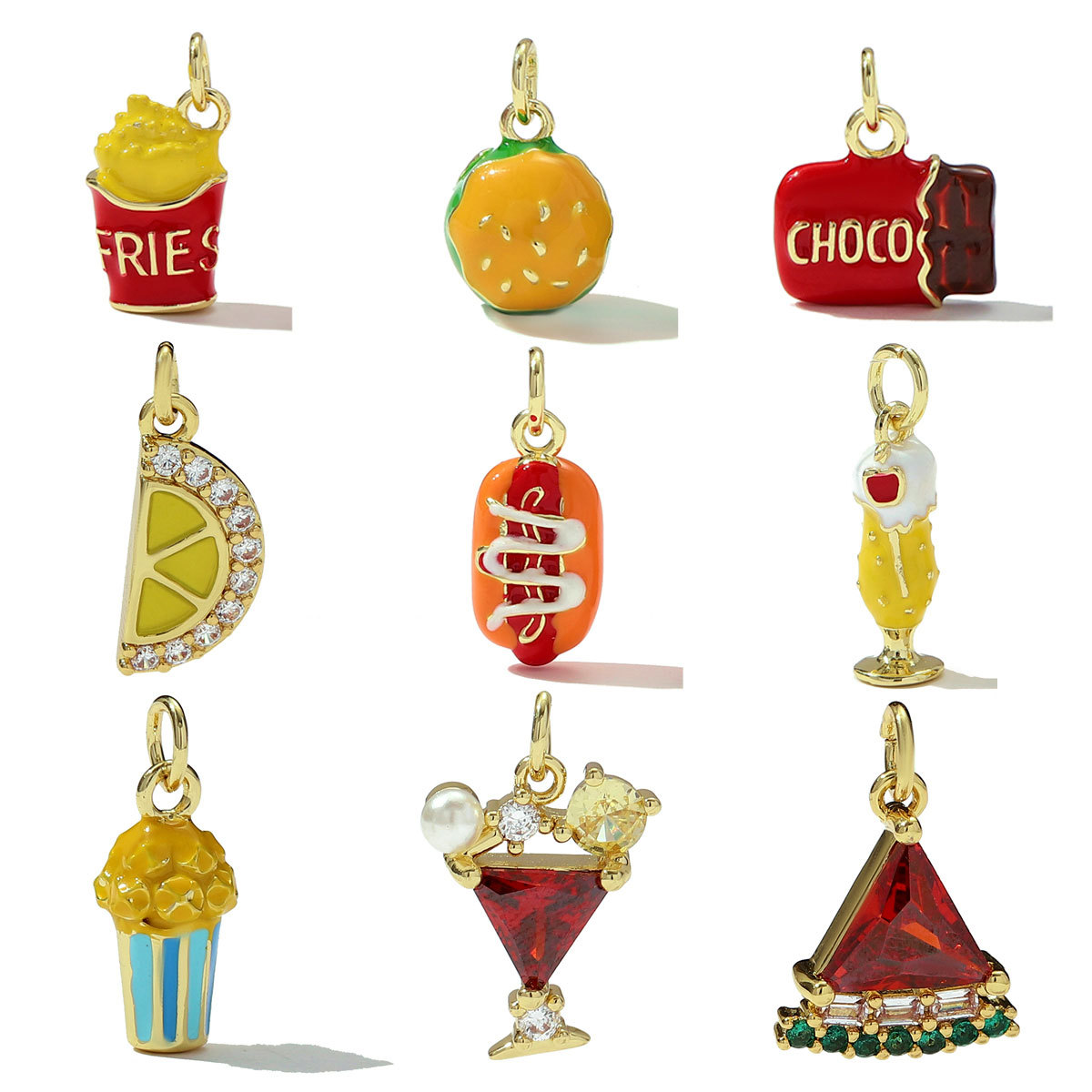 6pcs/pack Copper Micro Zodiac French Fries Popcorn Necklace Pendant Cocktail Hot Dog DIY Earring Charms Women Juice Jewelry