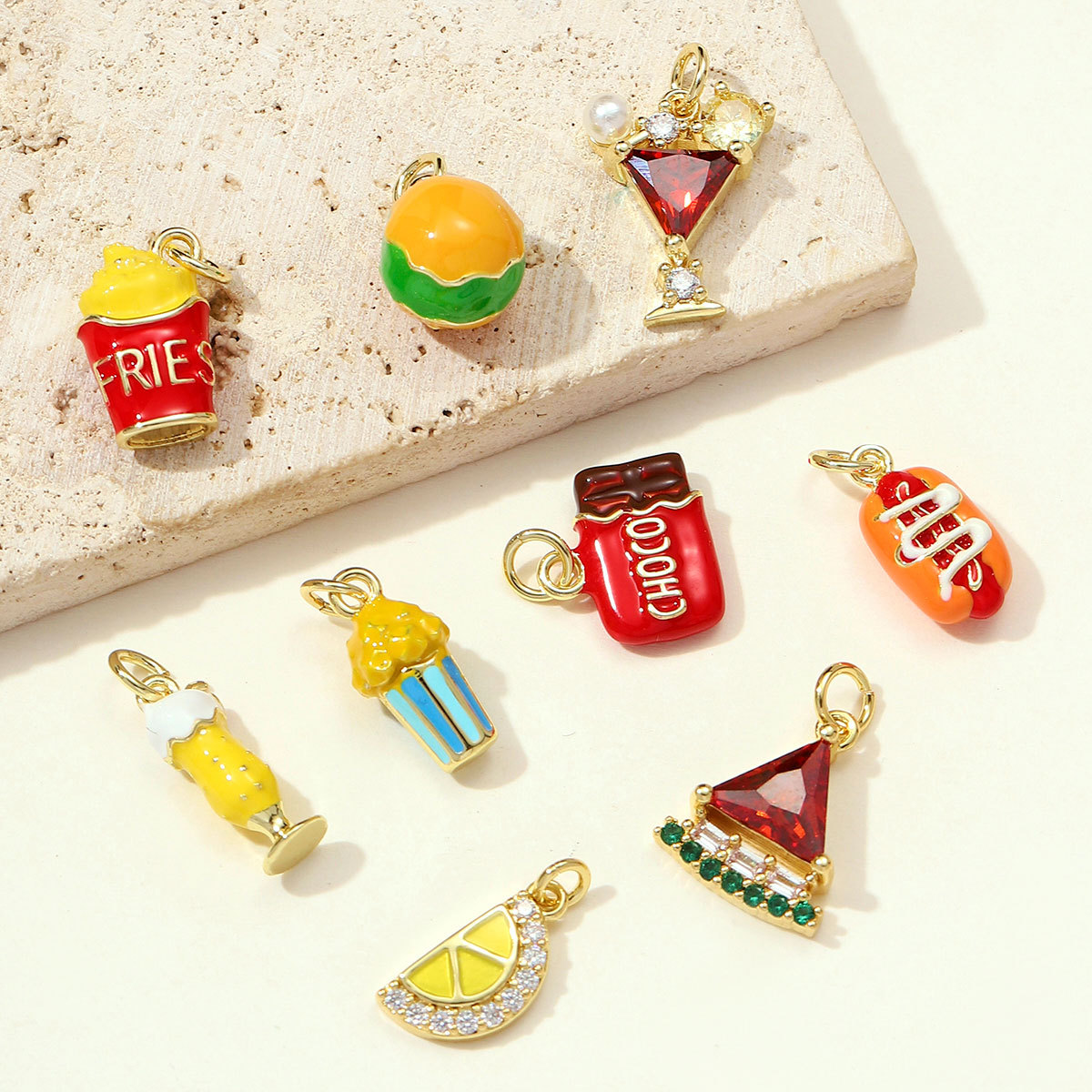 6pcs/pack Copper Micro Zodiac French Fries Popcorn Necklace Pendant Cocktail Hot Dog DIY Earring Charms Women Juice Jewelry