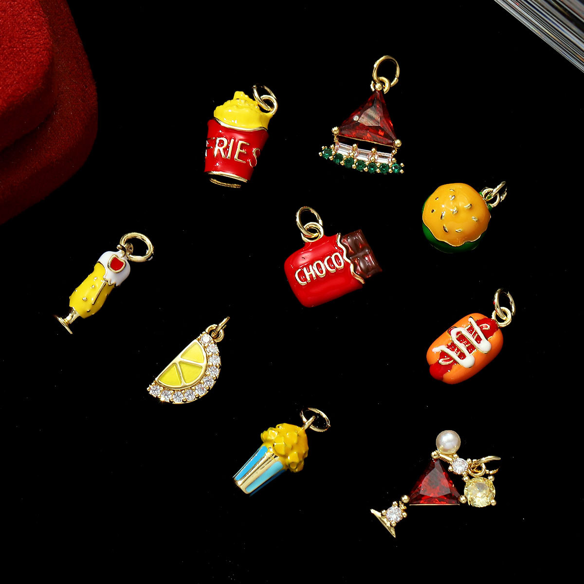 6pcs/pack Copper Micro Zodiac French Fries Popcorn Necklace Pendant Cocktail Hot Dog DIY Earring Charms Women Juice Jewelry