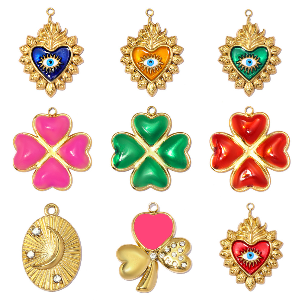 6pcs/pack Stainless Steel Enamel Clover DIY Earring Charms Rhinestone Moon Necklace Pendants Woman Heart Eye Jewelry Wholesale