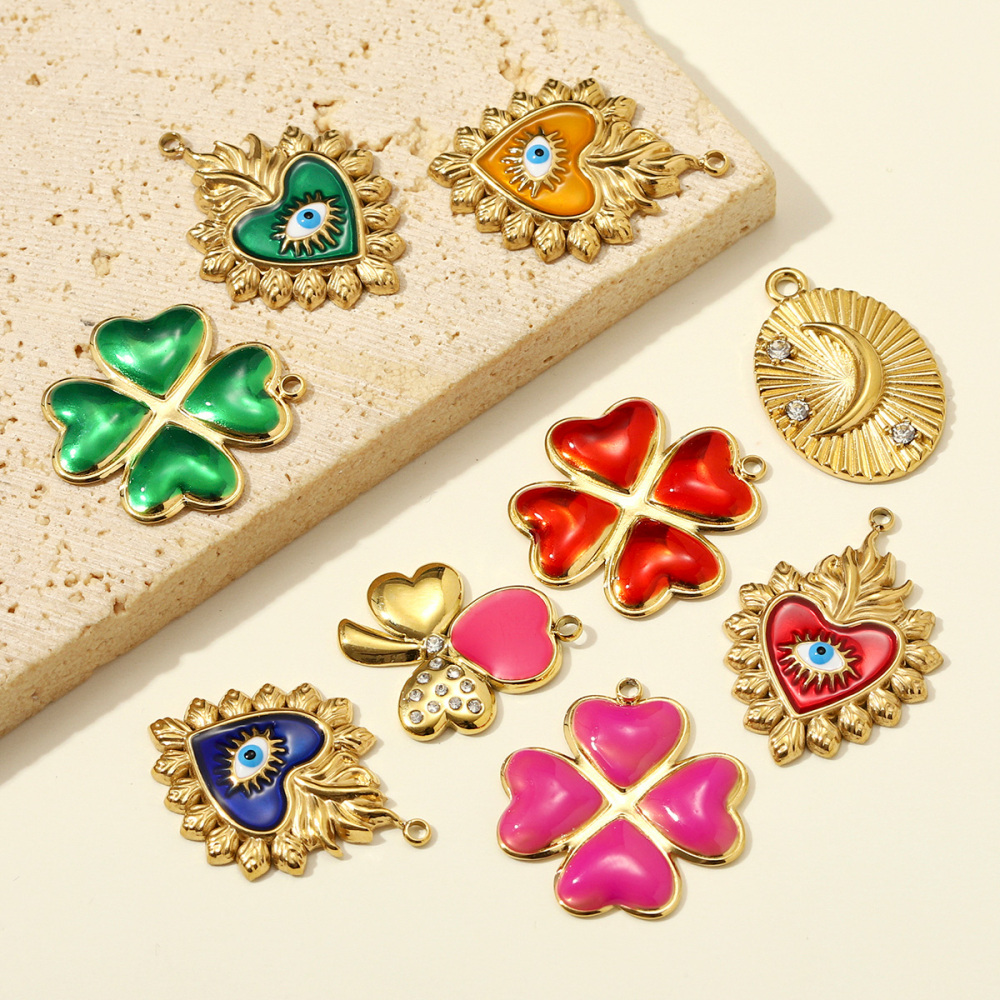 6pcs/pack Stainless Steel Enamel Clover DIY Earring Charms Rhinestone Moon Necklace Pendants Woman Heart Eye Jewelry Wholesale