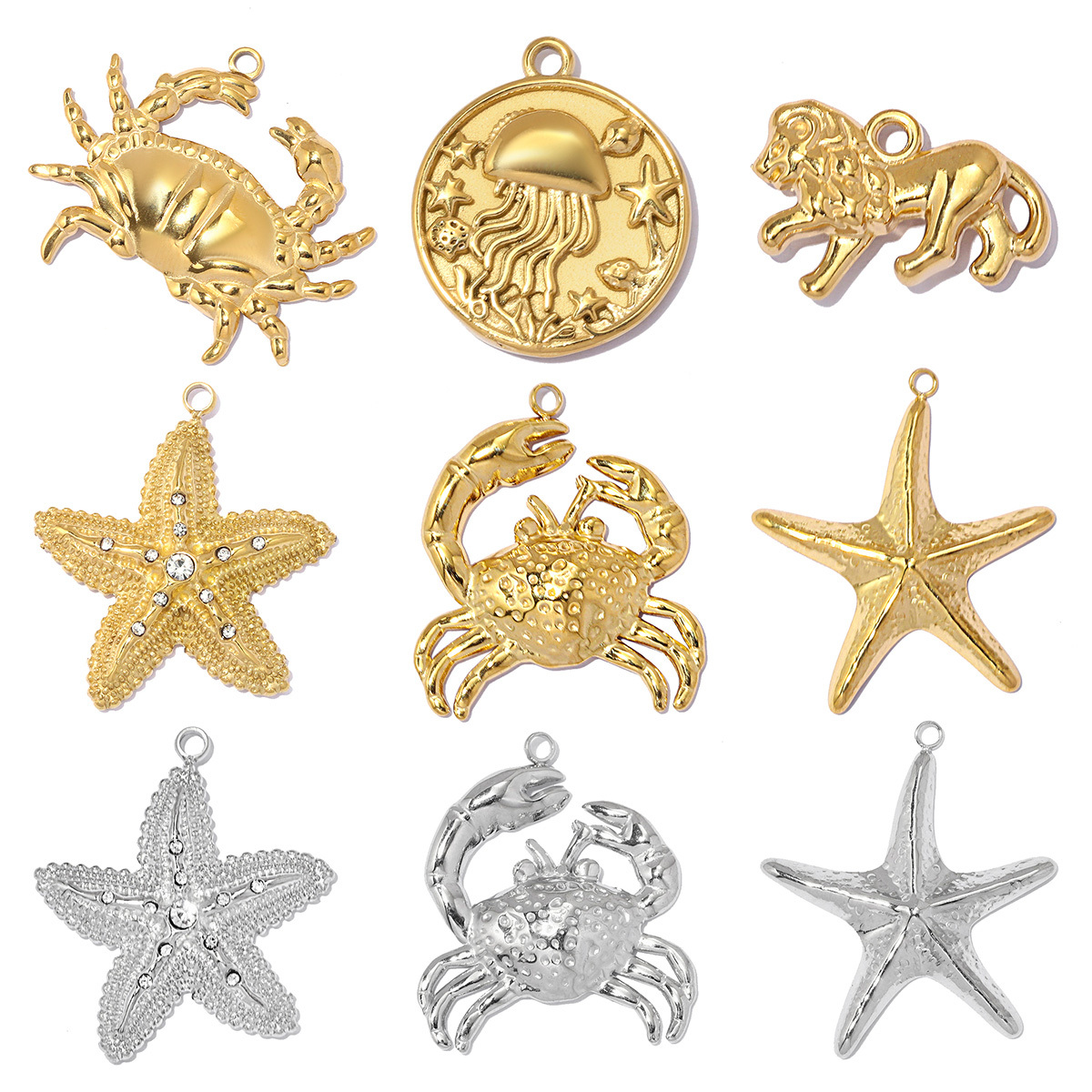 6pcs/pack Stainless Steel Rhinestone Starfish DIY Earring Charms Crab Lion Necklace Pendants Woman Jellyfish Round Jewelry Wholesale