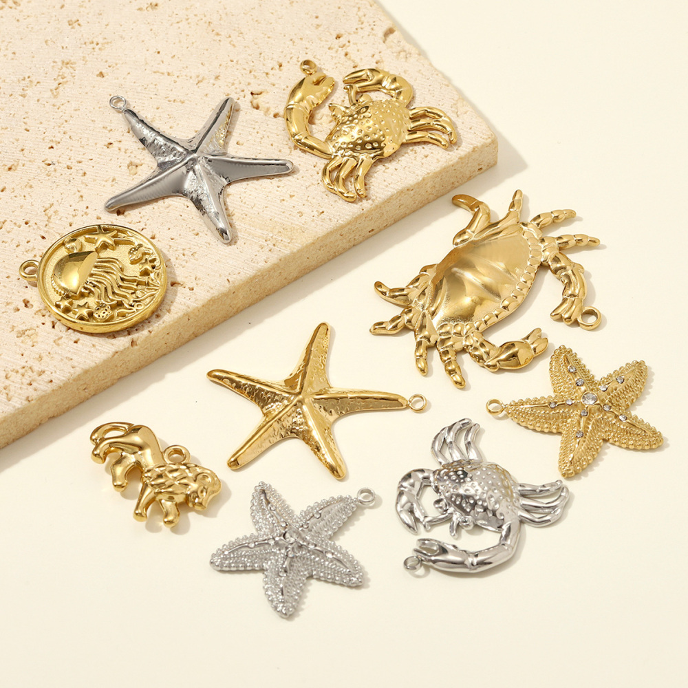 6pcs/pack Stainless Steel Rhinestone Starfish DIY Earring Charms Crab Lion Necklace Pendants Woman Jellyfish Round Jewelry Wholesale
