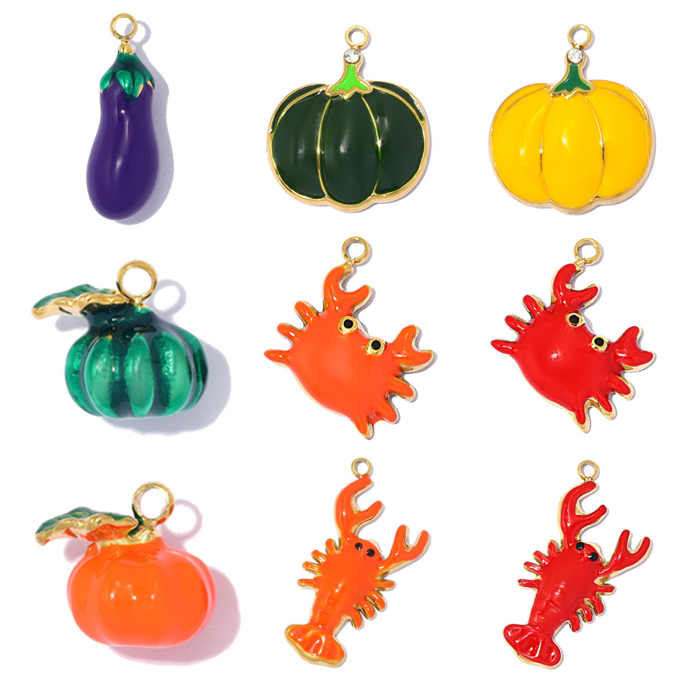 6pcs/pack Stainless Steel Enamel Eggplant Pumpkin DIY Charms Crab Lobster Necklace Pendant Woman Vegetable Jewelry Wholesale