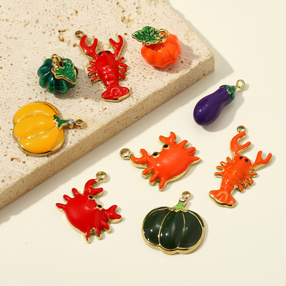6pcs/pack Stainless Steel Enamel Eggplant Pumpkin DIY Charms Crab Lobster Necklace Pendant Woman Vegetable Jewelry Wholesale