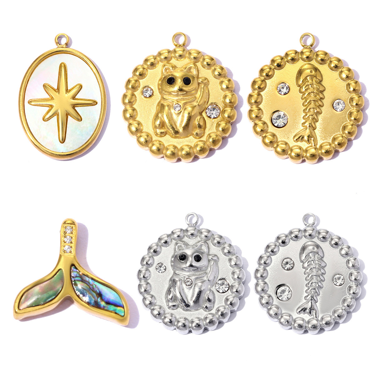 6pcs/pack Stainless Steel Rhinestone Round Fish Tail DIY Charms Cat Star Necklace Pendants Abalone shell Shoe Accessory Wholesale