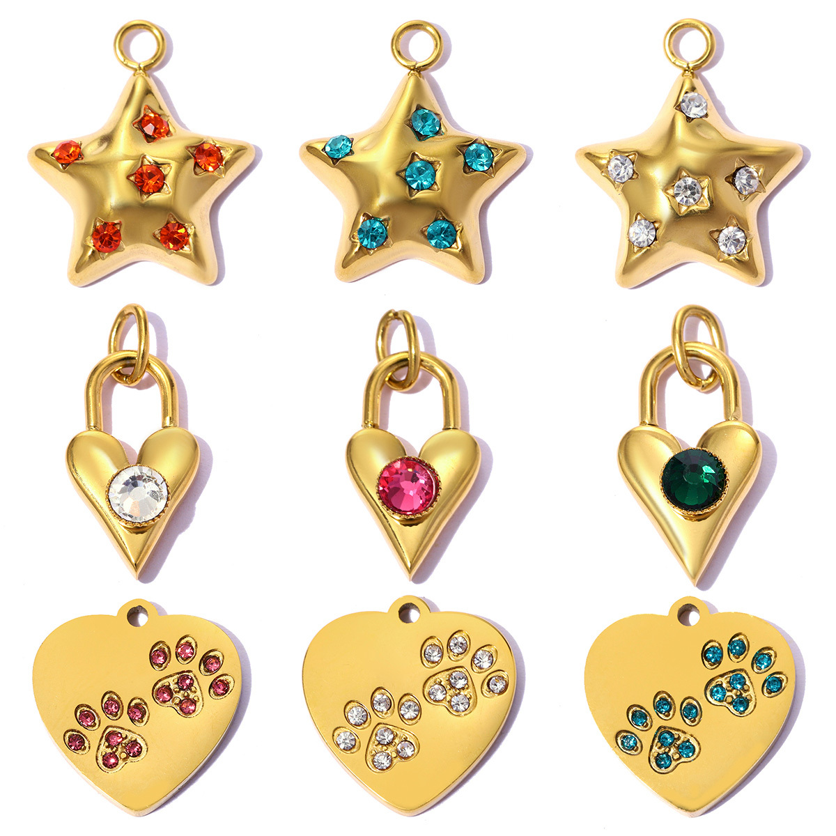 6pcs/pack Stainless Steel Rhinestone Love Heart Lock DIY Bracelet Charms Dog Paw Necklace Pendants Shoe Accessory Wholesale