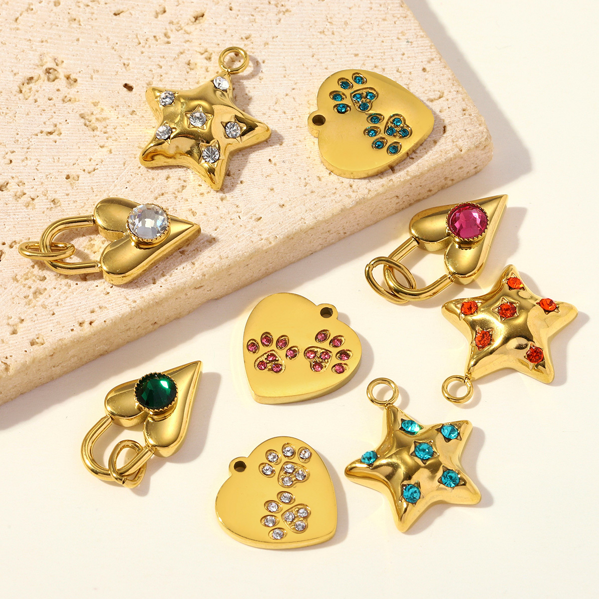 6pcs/pack Stainless Steel Rhinestone Love Heart Lock DIY Bracelet Charms Dog Paw Necklace Pendants Shoe Accessory Wholesale
