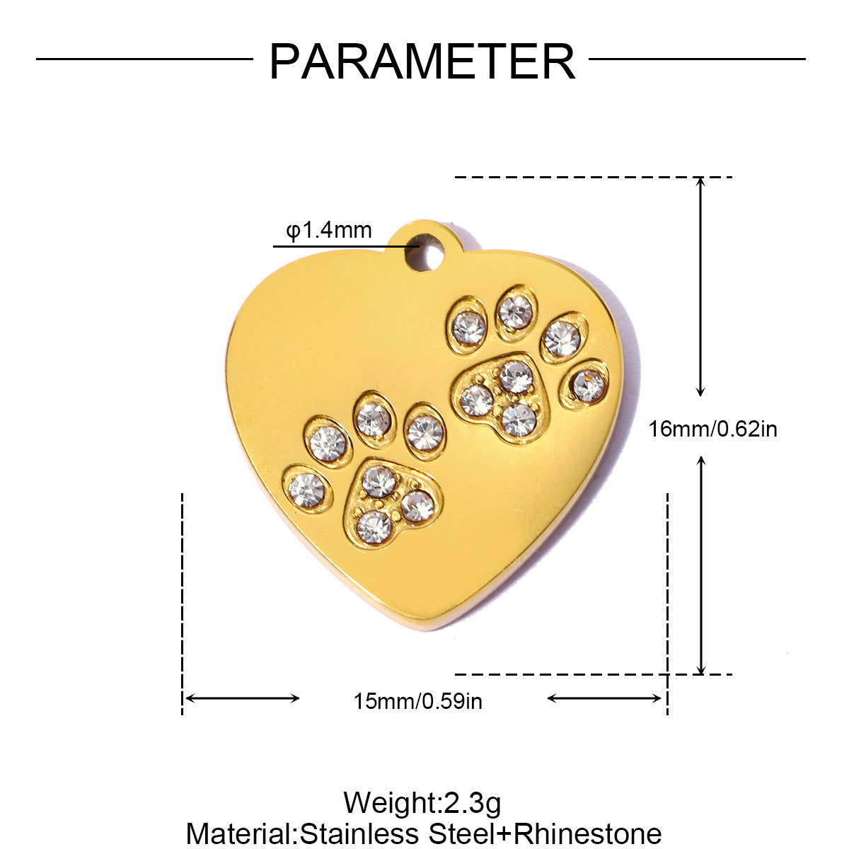 6pcs/pack Stainless Steel Rhinestone Love Heart Lock DIY Bracelet Charms Dog Paw Necklace Pendants Shoe Accessory Wholesale