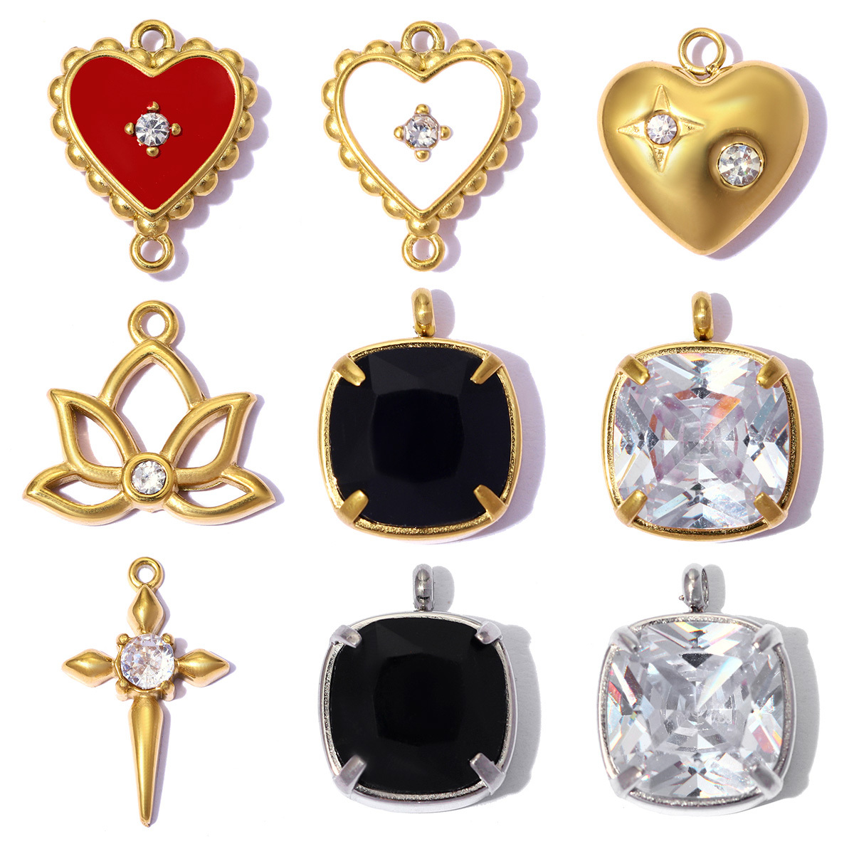 6pcs/pack French Stainless Steel Rhinestone Cross Lotus DIY Charms Zircon Suqare Necklace Pendants Enamel Heart Jewelry Wholesale