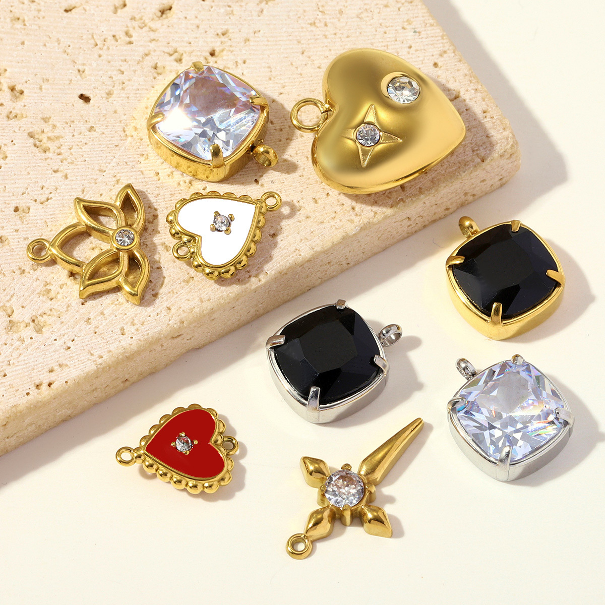 6pcs/pack French Stainless Steel Rhinestone Cross Lotus DIY Charms Zircon Suqare Necklace Pendants Enamel Heart Jewelry Wholesale