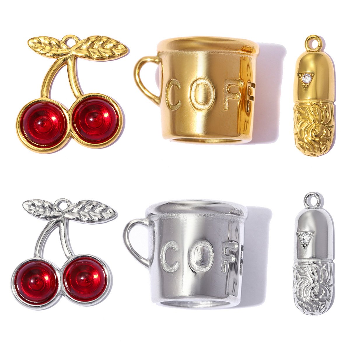 6pcs/pack Stainless Steel 3D Coffee Cup DIY Bracelet Charms Glass Cherry Necklace Pendants Capsule Shoe Accessory Wholesale