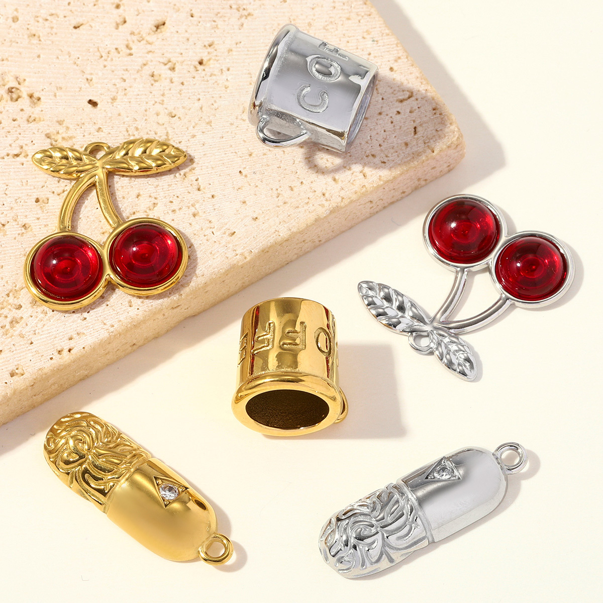 6pcs/pack Stainless Steel 3D Coffee Cup DIY Bracelet Charms Glass Cherry Necklace Pendants Capsule Shoe Accessory Wholesale