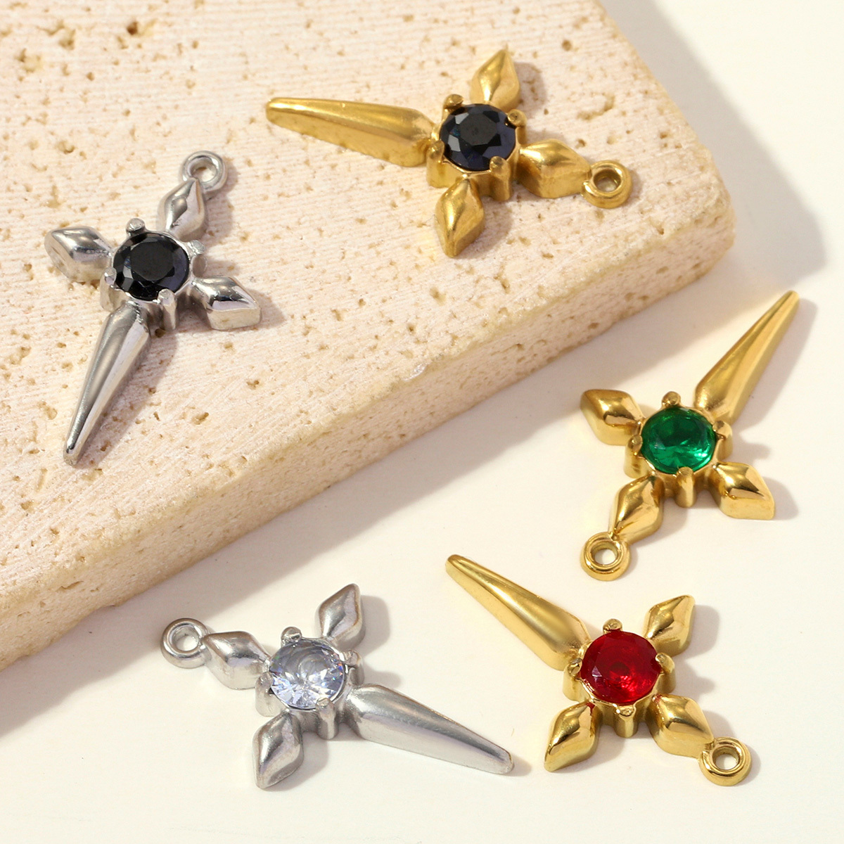 6pcs/pack French Retro 12x19mm Stainless Steel Zircon Cross DIY Earring Charms Star Necklace Pendants Woman Jewelry Wholesale