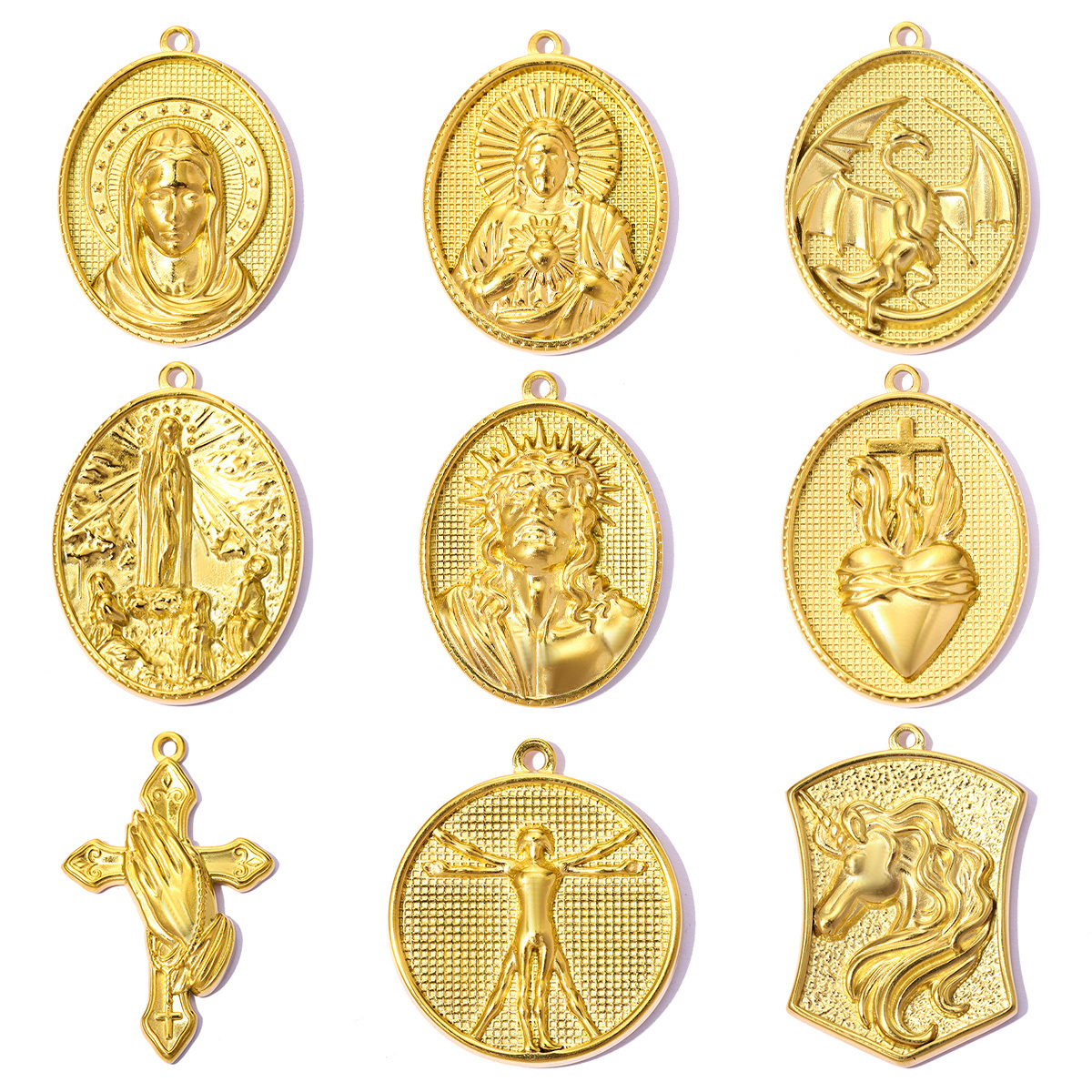 6pcs/pack Stainless Steel Holy Mother Virgin Mary Jesus DIY Charms Dinosaur Cross Necklace Pendants Woman Faith Jewelry Wholesale