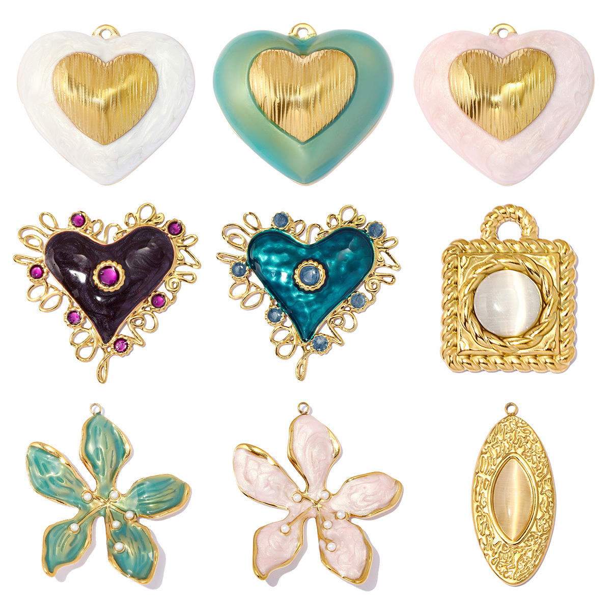6pcs/pack Stainless Steel Cat Eye Suqare DIY Earring Charms Love Heart Necklace Pendants Woman Enamel Flower Jewelry Wholesale