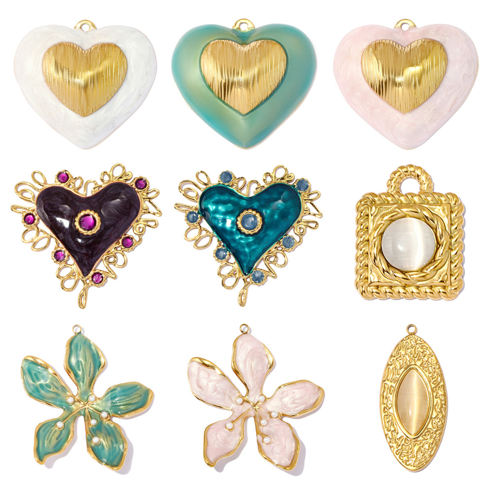 6pcs/pack Stainless Steel Cat Eye Suqare DIY Earring Charms Love Heart Necklace Pendants Woman Enamel Flower Jewelry Wholesale